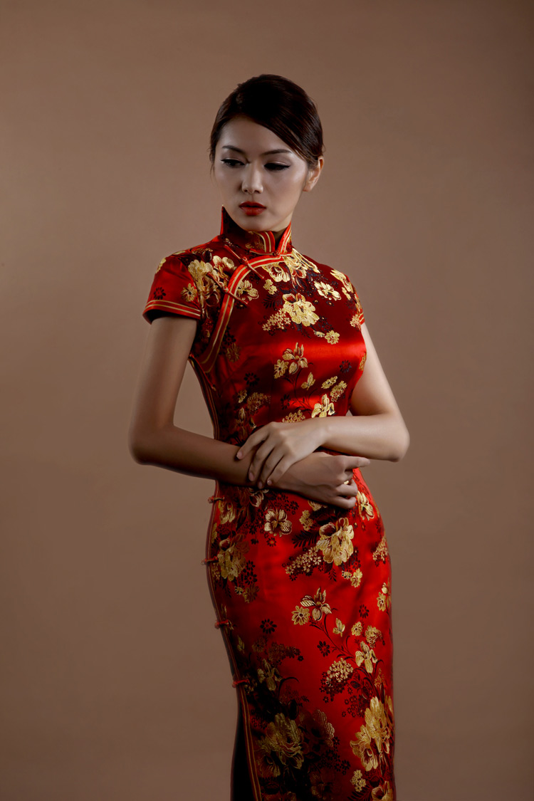 Red peonys long cheongsam dress Red peonys long cheongsam dress