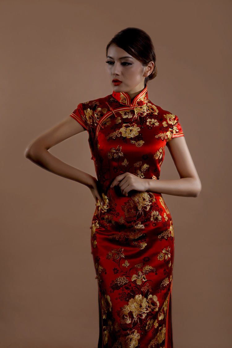 Red peonys long cheongsam dress Red peonys long cheongsam dress