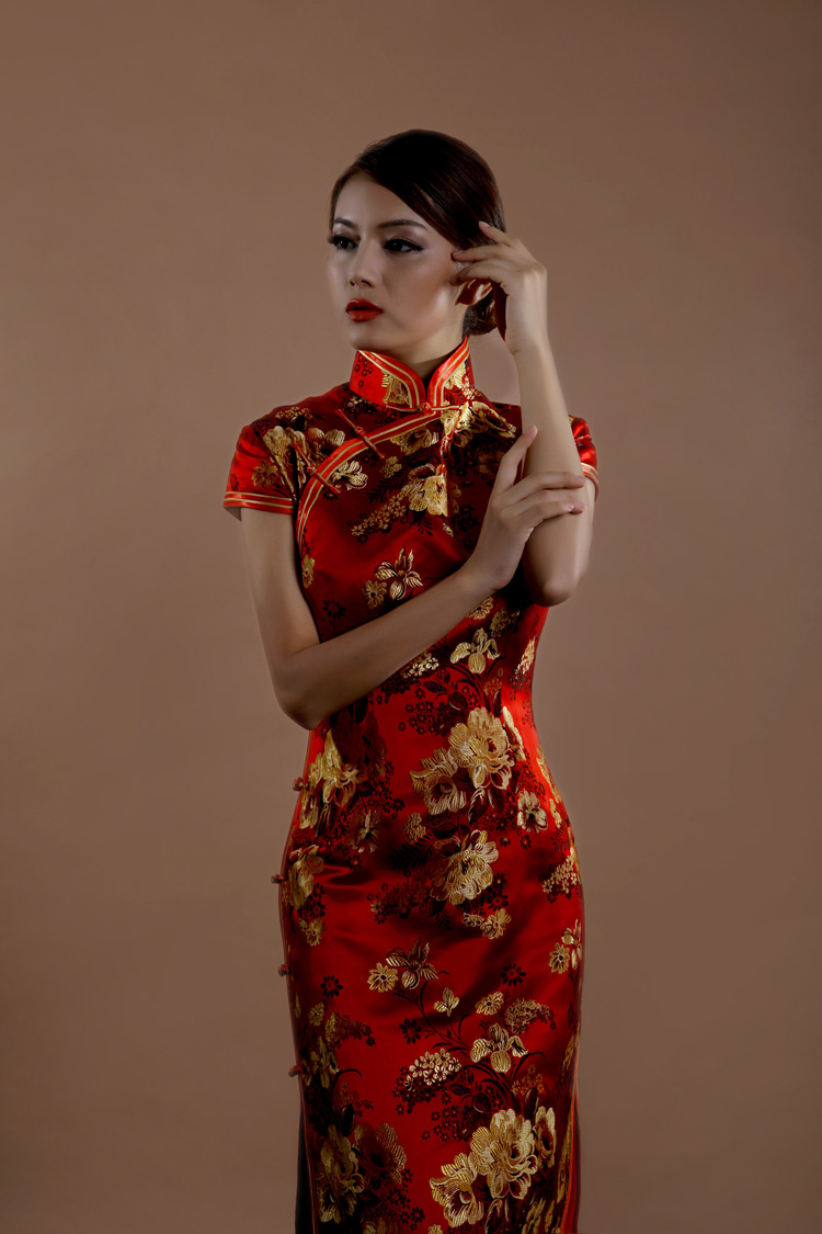 Red peonys long cheongsam dress Red peonys long cheongsam dress