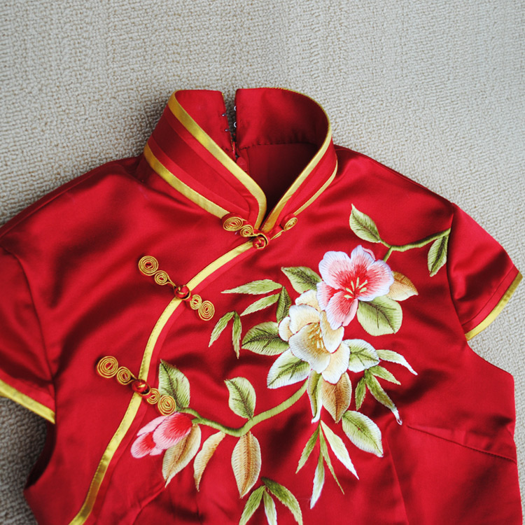 Red silk brocade capped qipao dress Red silk brocade capped qipao dress