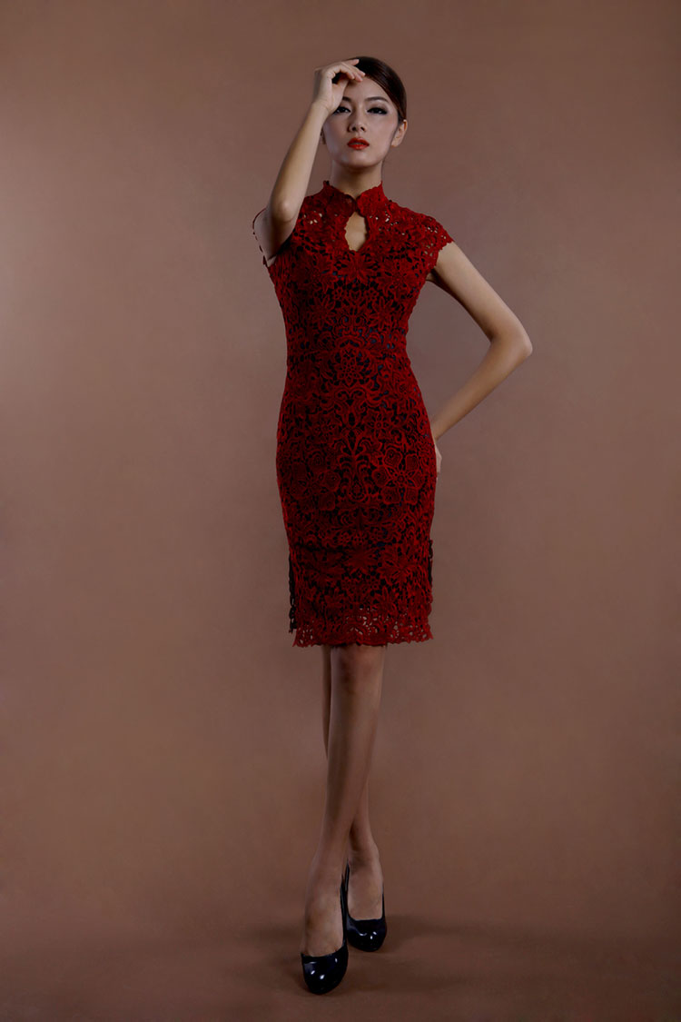 Wine red lace short cheongsam Wine red lace short cheongsam