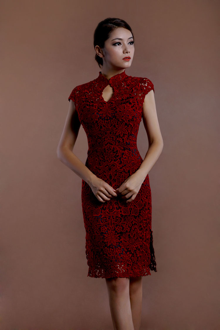 Wine red lace short cheongsam Wine red lace short cheongsam