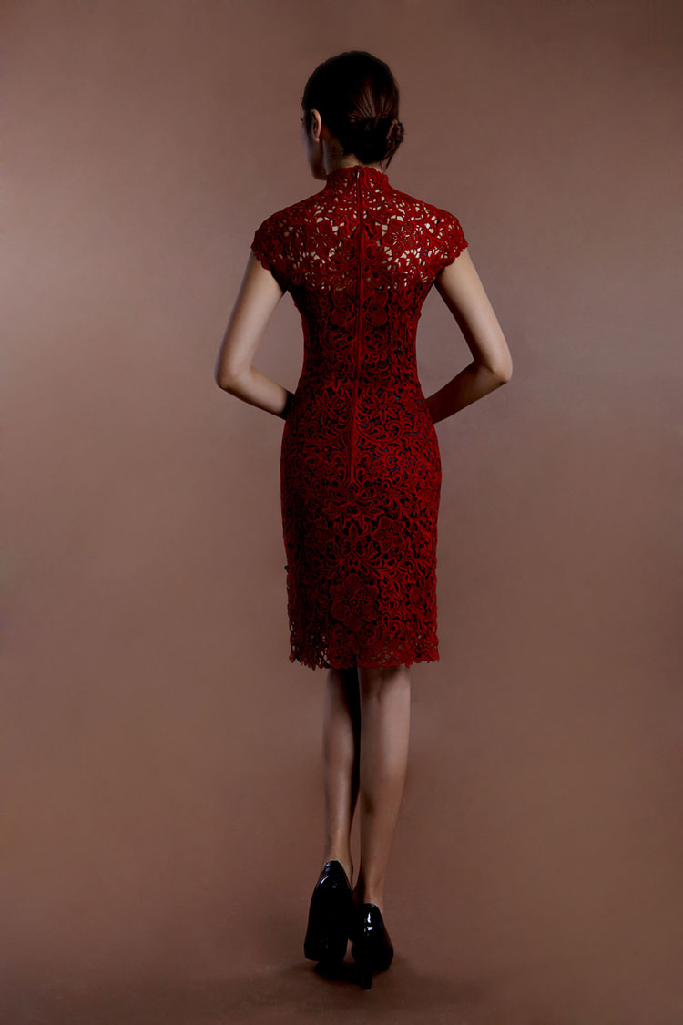 Wine red lace short cheongsam Wine red lace short cheongsam