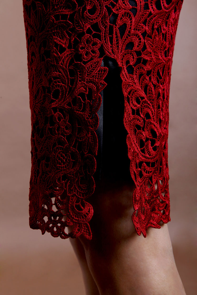 Wine red lace short cheongsam Wine red lace short cheongsam