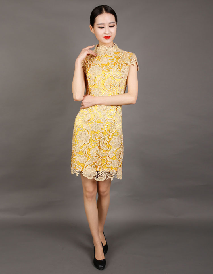 Golden-yellow lace cheongsam dress Golden-yellow lace cheongsam dress