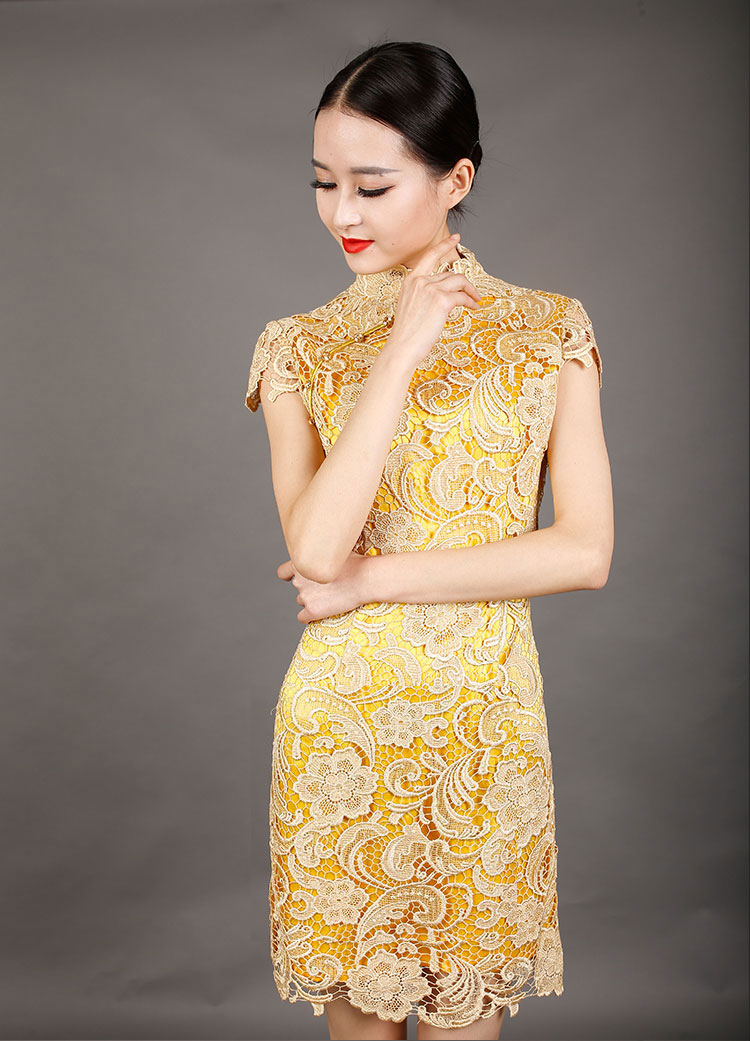 Golden-yellow lace cheongsam dress Golden-yellow lace cheongsam dress