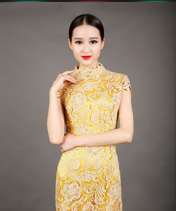 Golden-yellow lace cheongsam dress Golden-yellow lace cheongsam dress