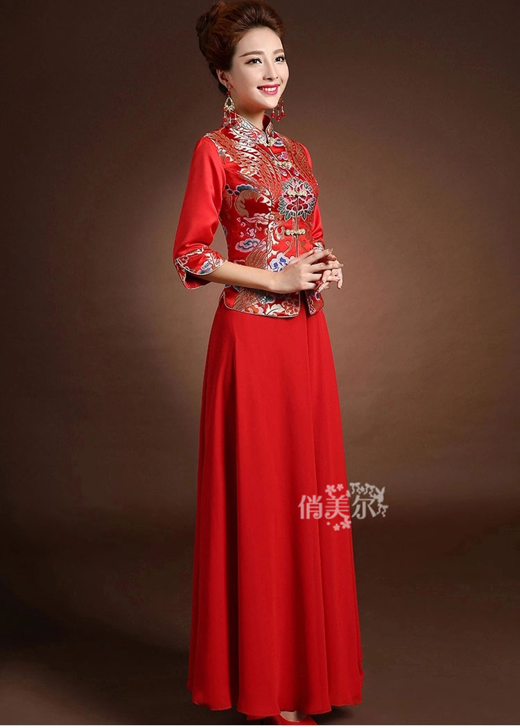 Red colorful brocade blouse and pure red skirt