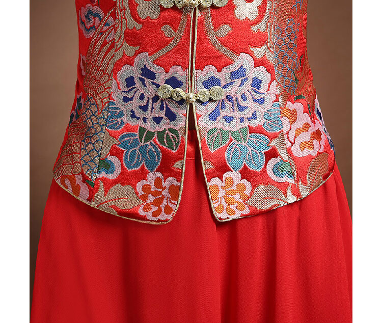 Red colorful brocade blouse and pure red skirt