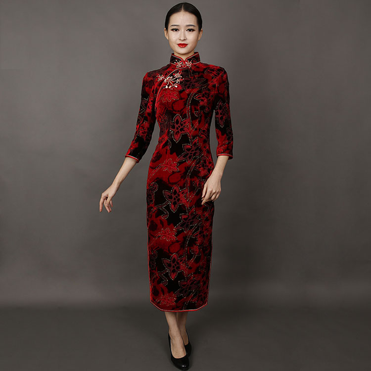 Dark red velvet long cheongsam dress