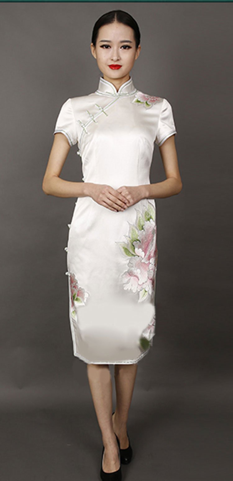 wihte peonies embroidery short choengsam dress