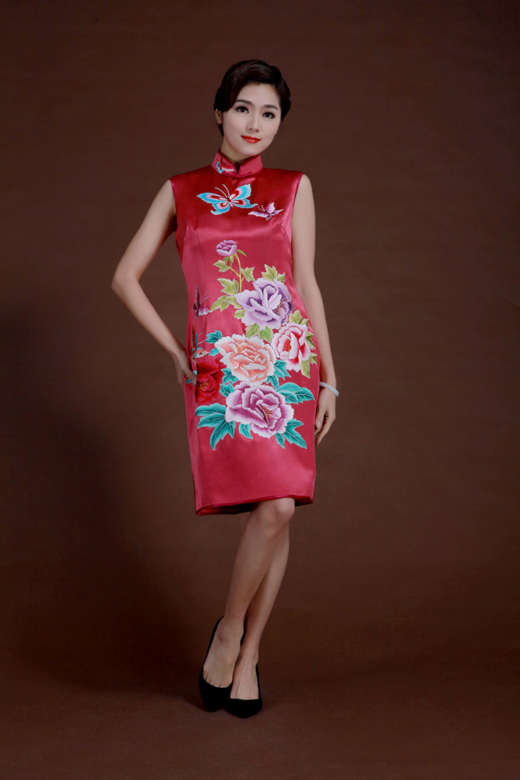 Watermelon red silk with embroidery qipao dress Watermelon red silk with embroidery qipao dress