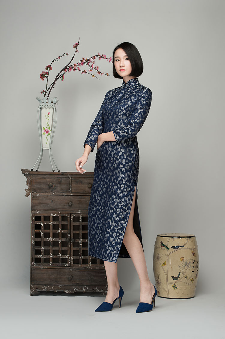 Navy brocade long cheongsam Navy brocade long cheongsam