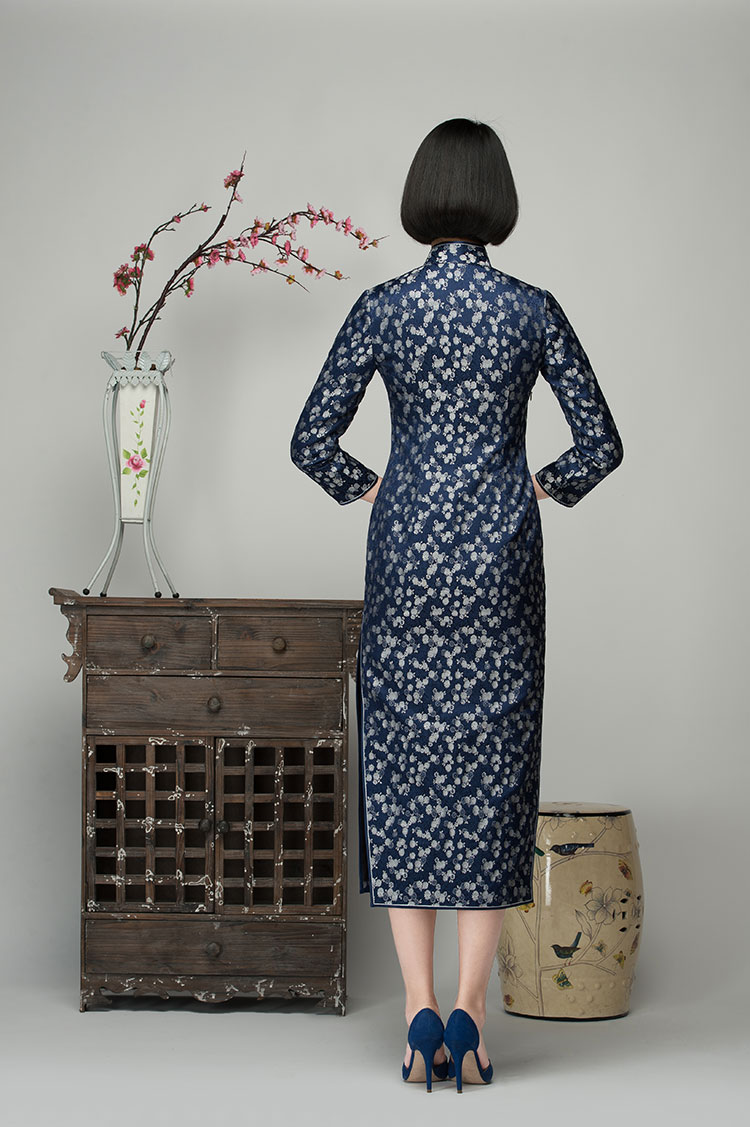 Navy brocade long cheongsam Navy brocade long cheongsam