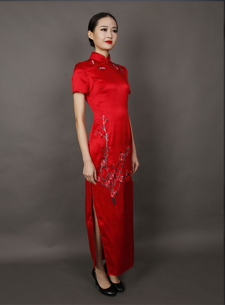 Red long cheongsam dress with plum embroidery Red long cheongsam dress with plum embroidery