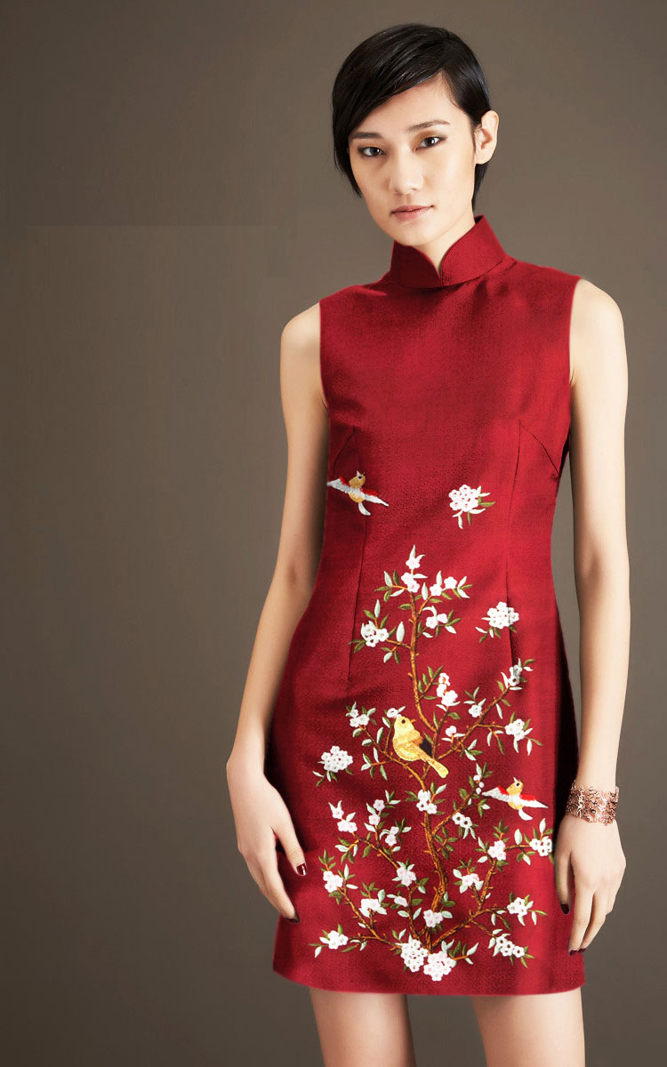Wine red thai silk embroidery short qipao dress Wine red thai silk embroidery short qipao dress