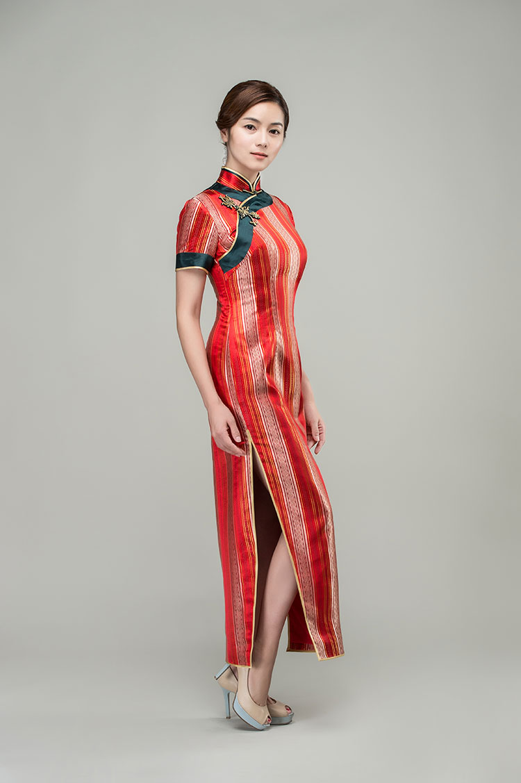 Red satin strip cheongsam dress Red satin strip cheongsam dress