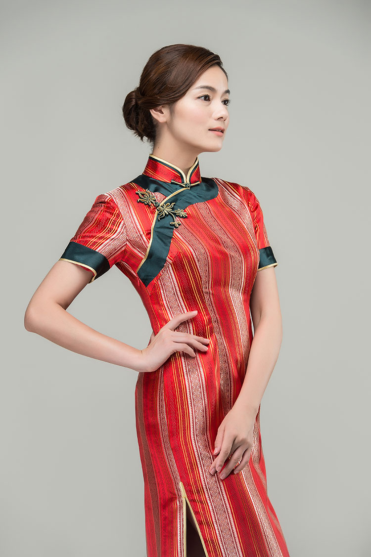 Red satin strip cheongsam dress Red satin strip cheongsam dress