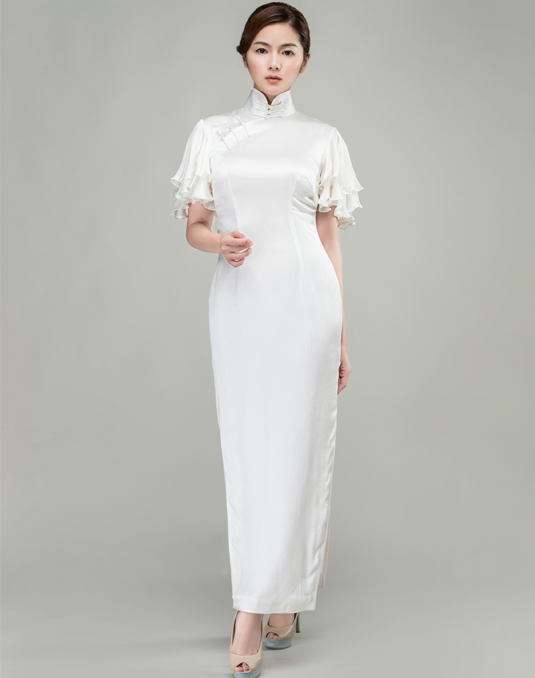 White long qipao dress whith Soft Chiffon frills Sleeves White long qipao dress whith Soft Chiffon frills Sleeves