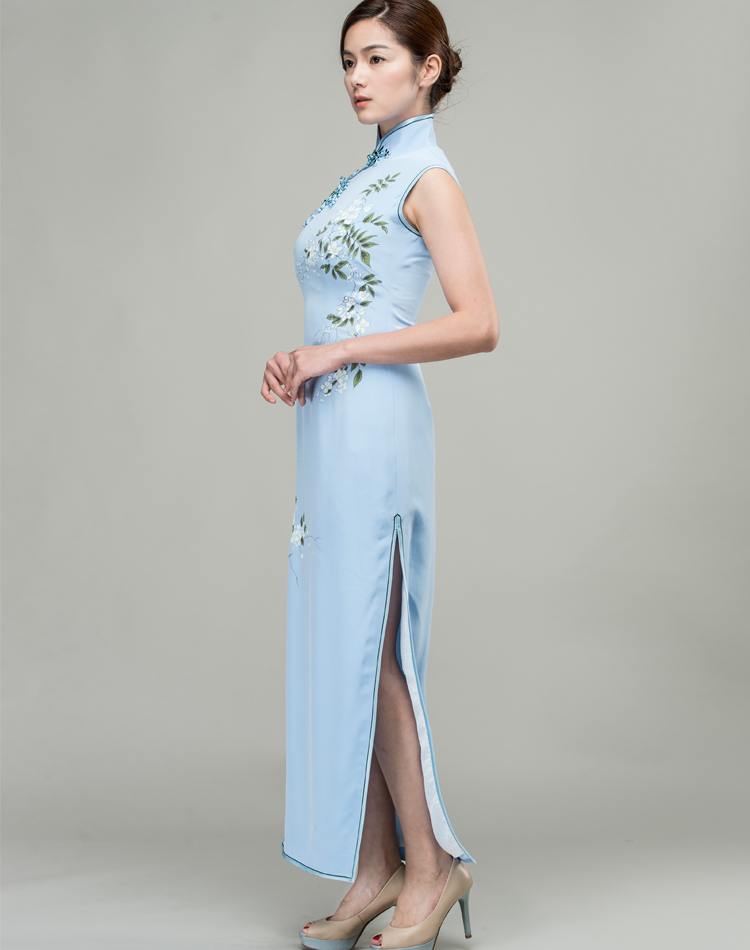 Hand-painted water-blue silk long qipao dress Hand-painted water-blue silk long qipao dress