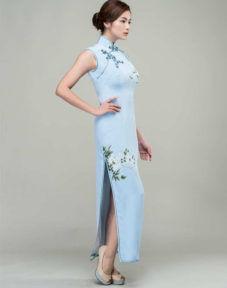 Hand-painted water-blue silk long qipao dress Hand-painted water-blue silk long qipao dress