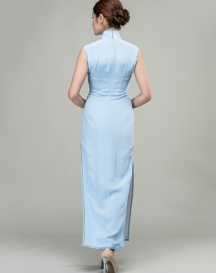 Hand-painted water-blue silk long qipao dress Hand-painted water-blue silk long qipao dress