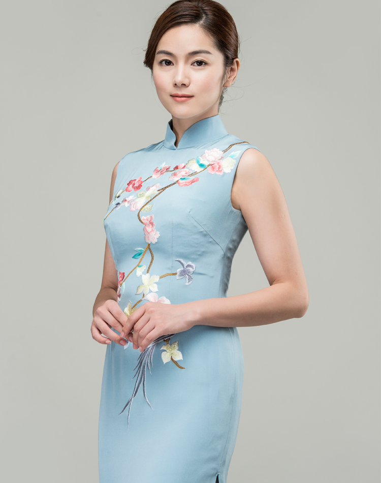 Grey-blue silk with plum-blossom embroidery qipao dress 