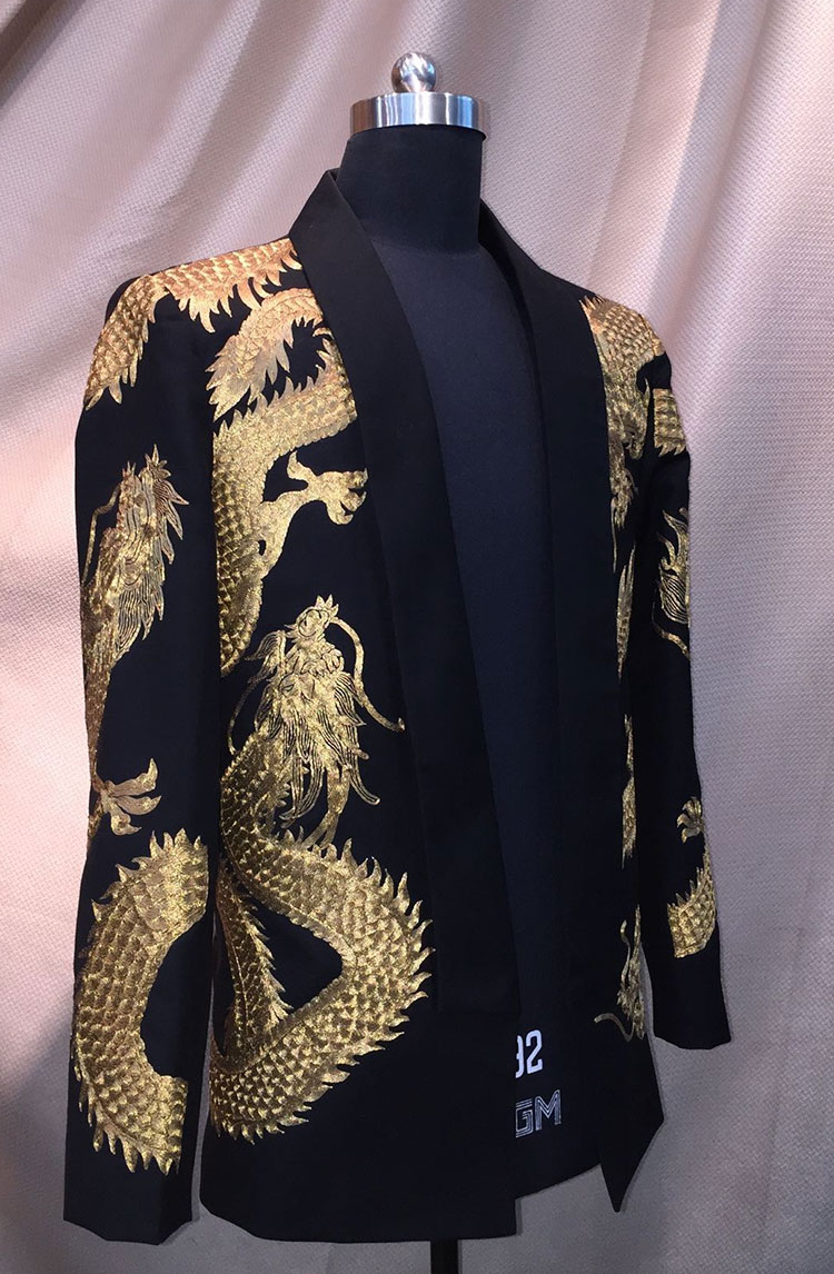 Black mens suit with dragon gold embroidery Black mens suit with dragon gold embroidery