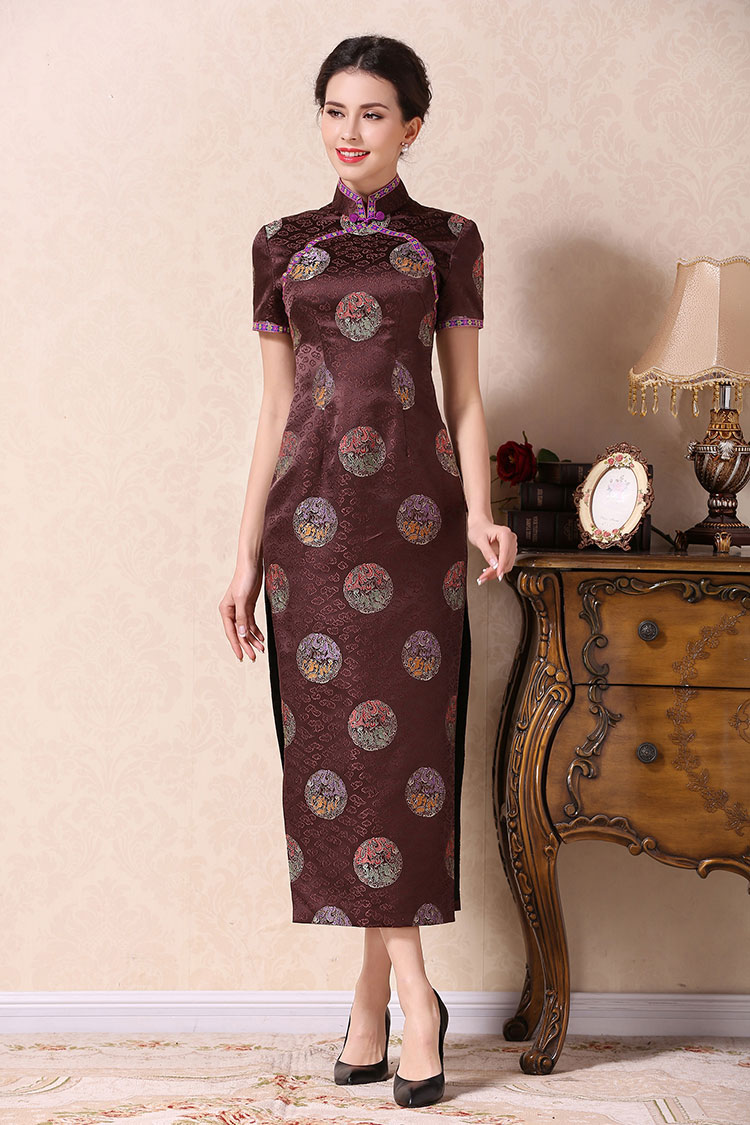 Brown cheongsam dress with dragons circle Brown cheongsam dress with dragons circle
