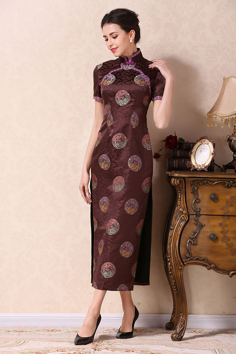 Brown cheongsam dress with dragons circle Brown cheongsam dress with dragons circle