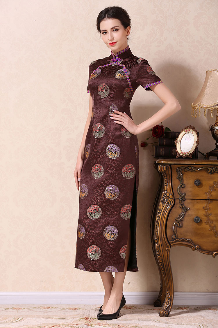 Brown cheongsam dress with dragons circle Brown cheongsam dress with dragons circle