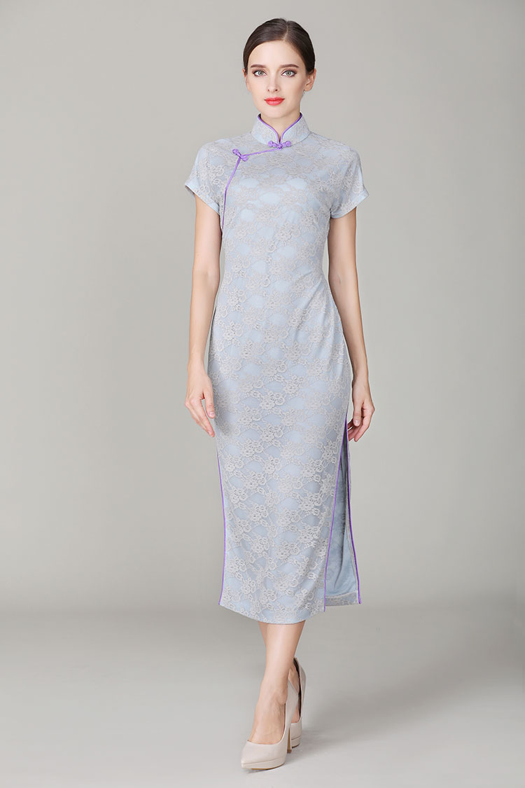 Thin grey-blue lace qipao dress Thin grey-blue lace qipao dress