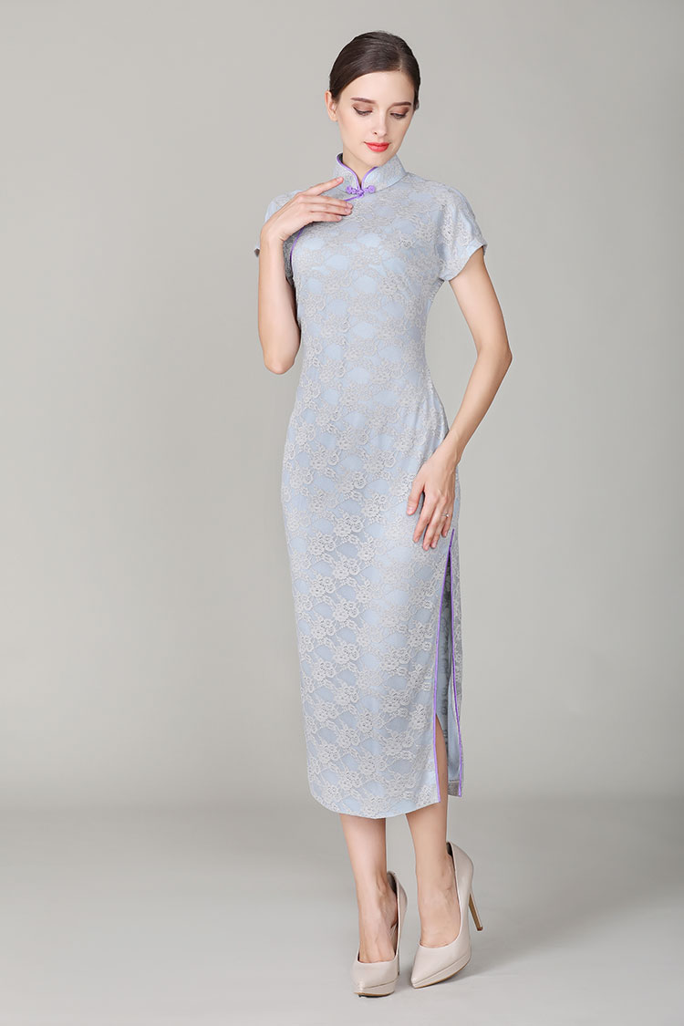 Thin grey-blue lace qipao dress Thin grey-blue lace qipao dress