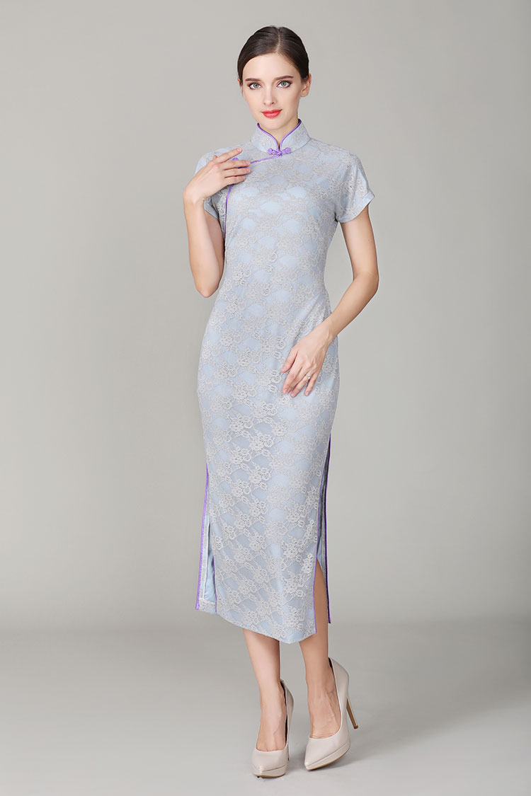 Thin grey-blue lace qipao dress Thin grey-blue lace qipao dress