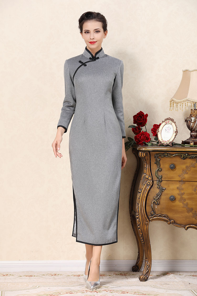 Light gray wool improved cheongsam dress Light gray wool improved cheongsam dress