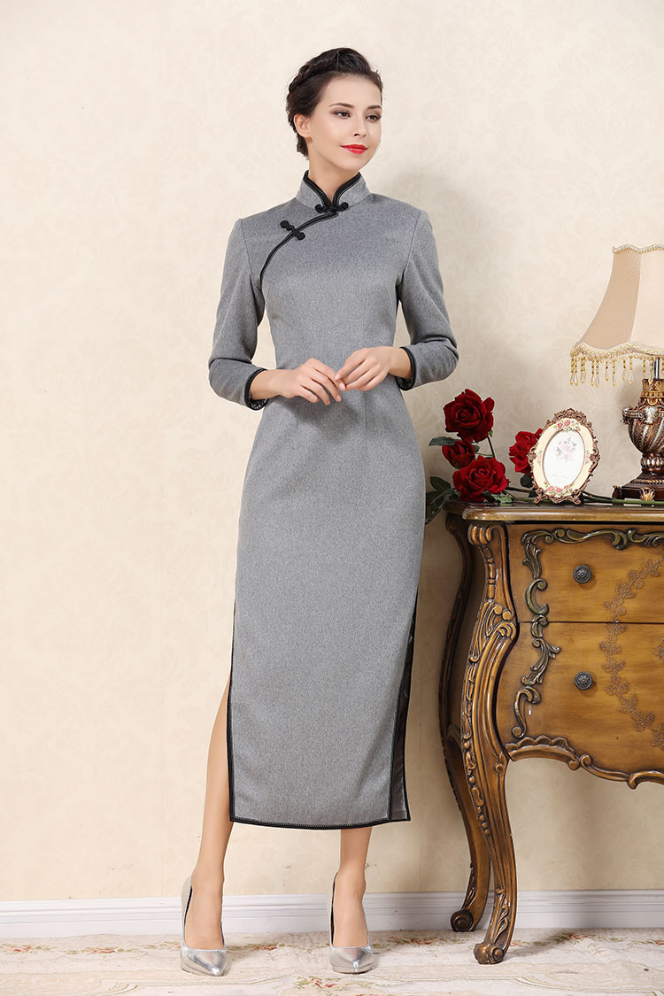 Light gray wool improved cheongsam dress Light gray wool improved cheongsam dress