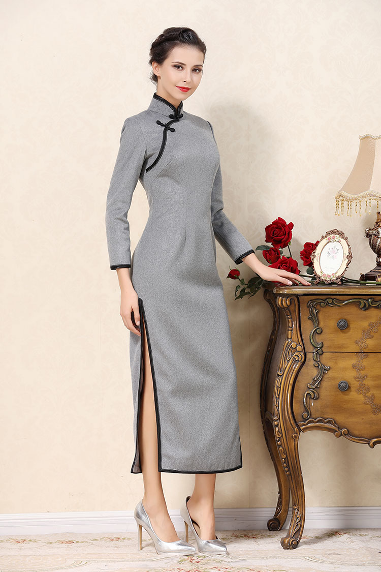Light gray wool improved cheongsam dress Light gray wool improved cheongsam dress