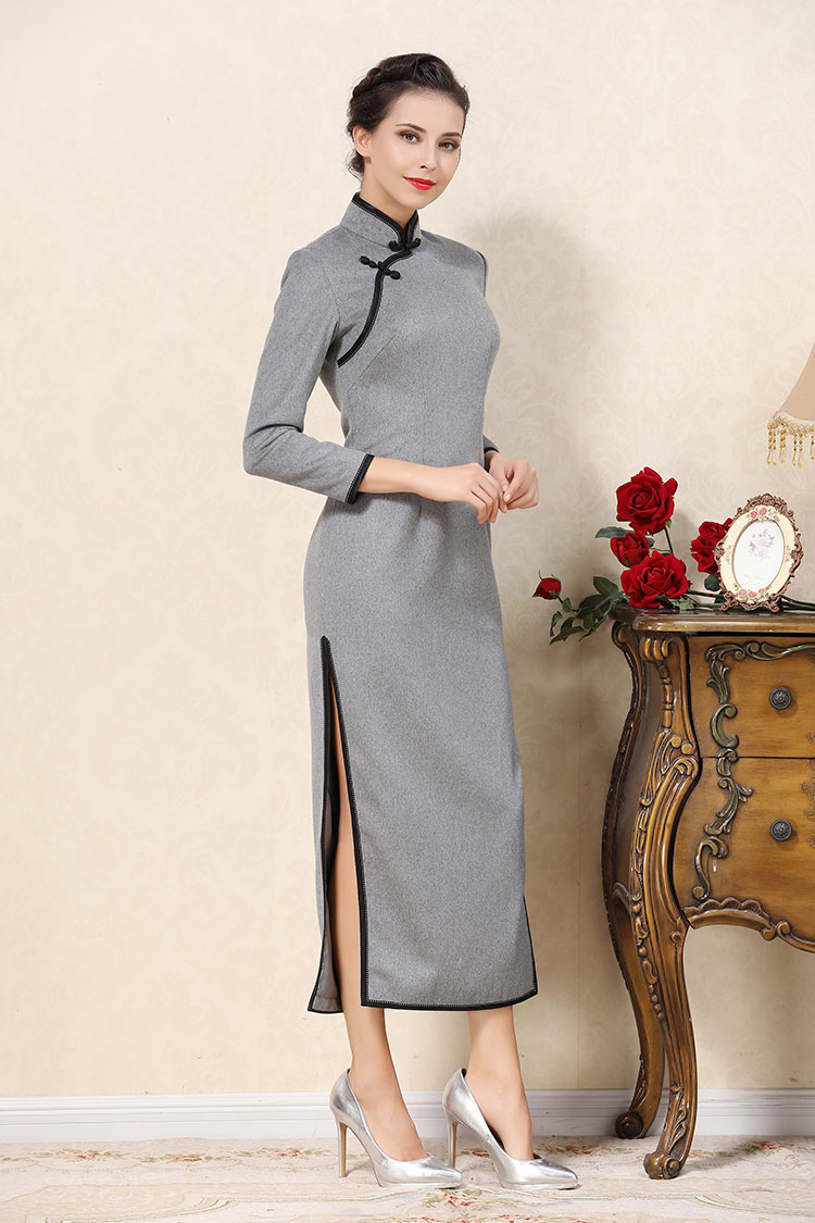 Light gray wool improved cheongsam dress Light gray wool improved cheongsam dress
