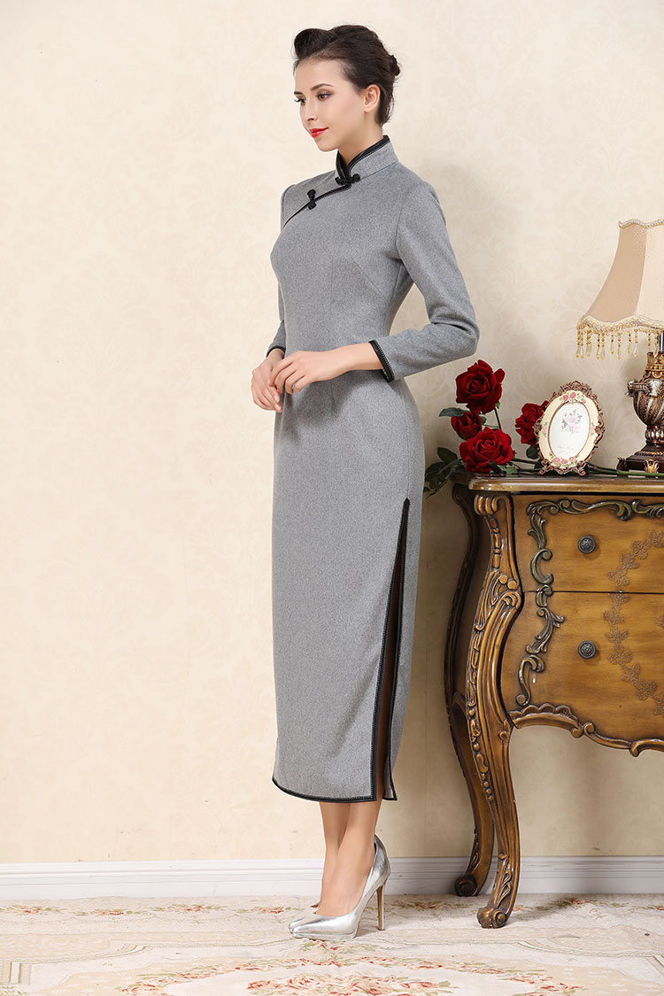 Light gray wool improved cheongsam dress Light gray wool improved cheongsam dress