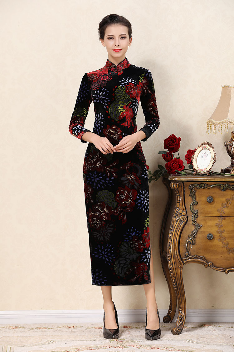 Dark red velvet cheongsam dress 