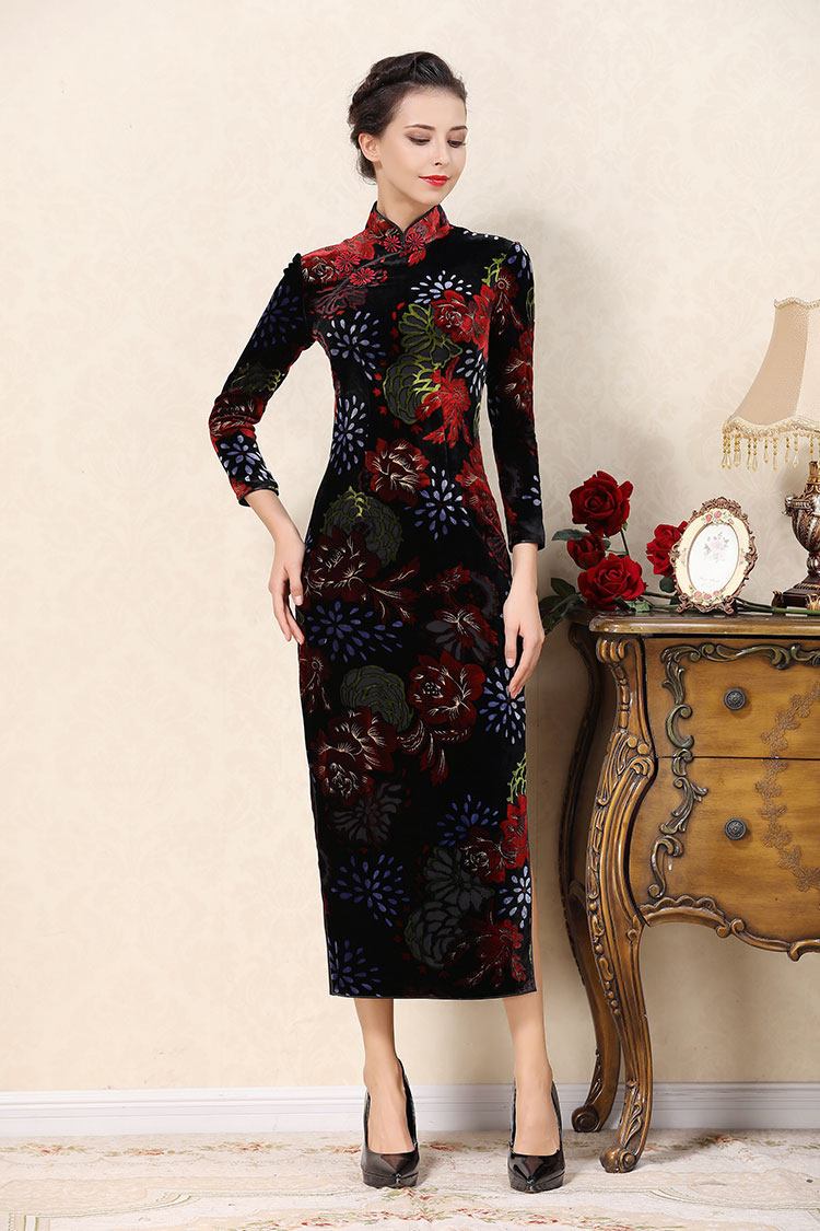 Dark red velvet cheongsam dress 