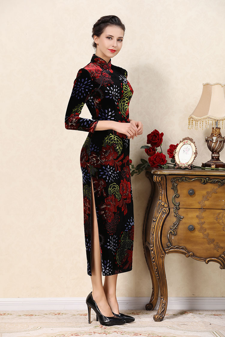 Dark red velvet cheongsam dress 