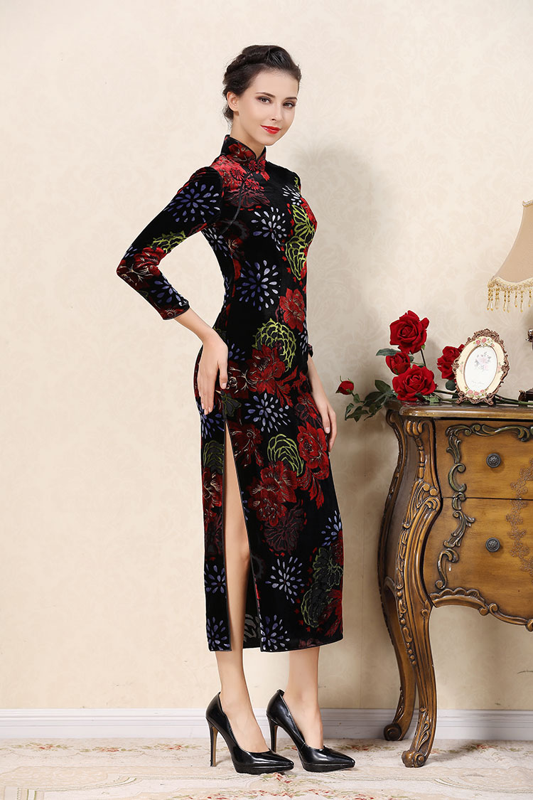 Dark red velvet cheongsam dress 