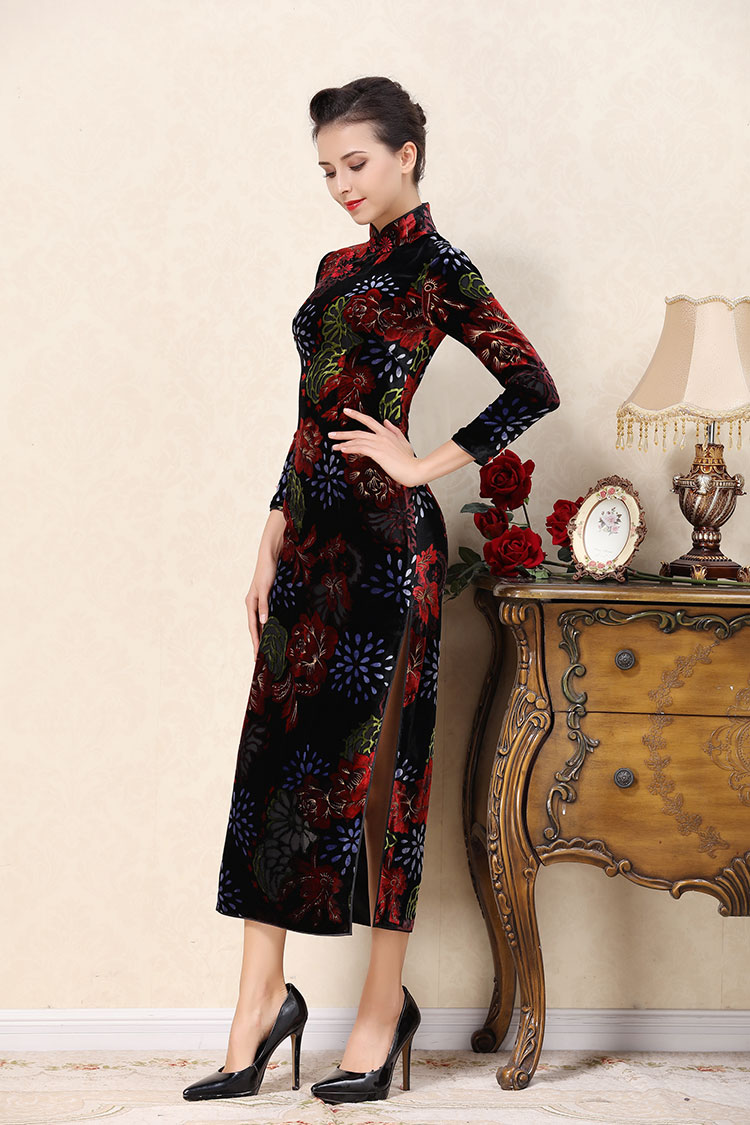 Dark red velvet cheongsam dress 