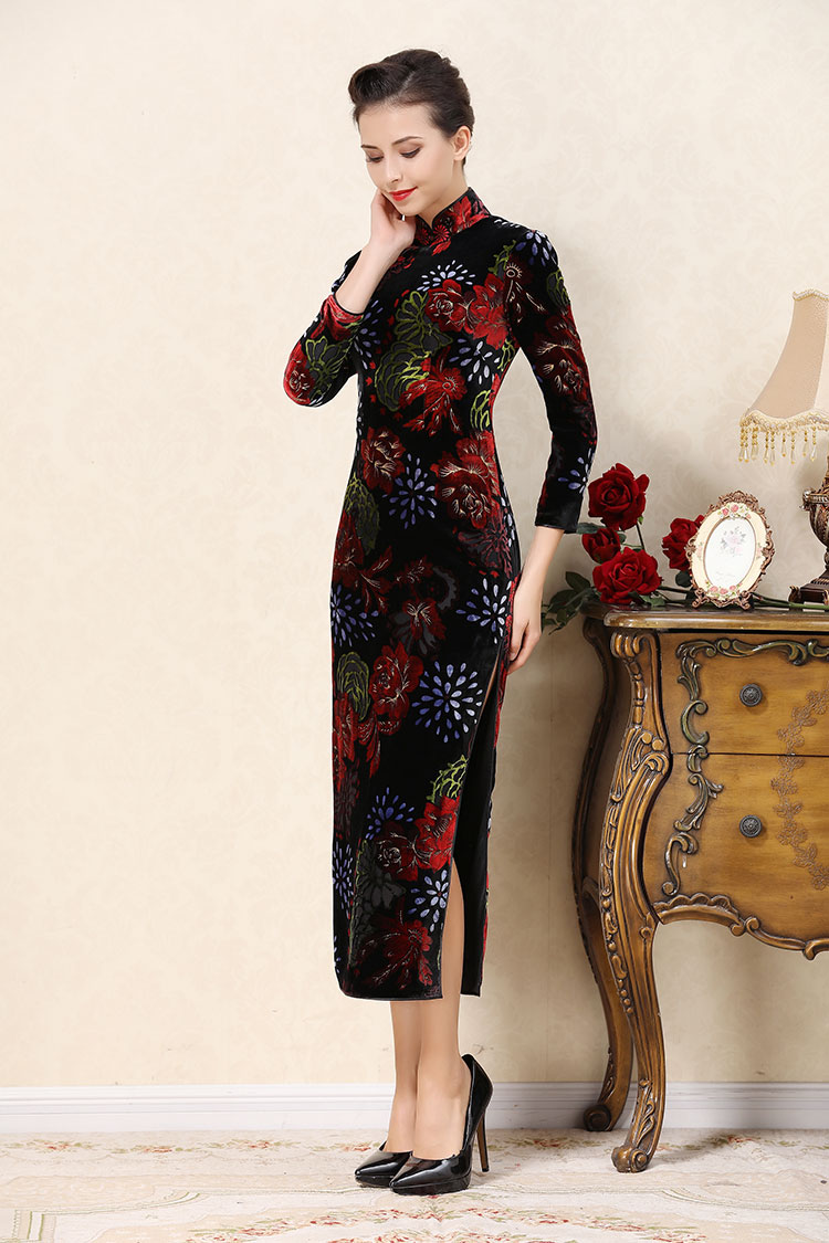 Dark red velvet cheongsam dress 