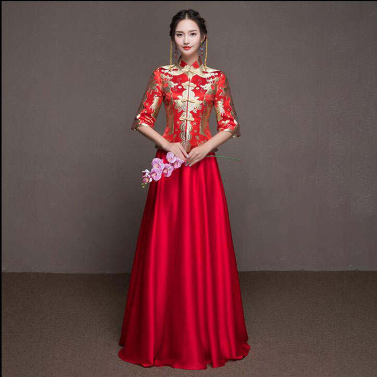 Red golden dragon-phoenix brocade blouse and pure red skirt