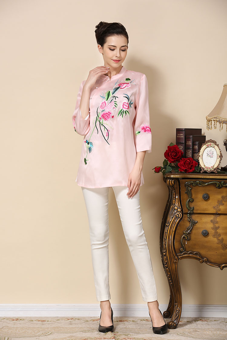 Pink satin Chinese blouse with flowers embroidery