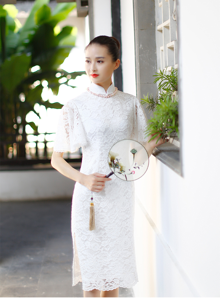 Petal sleeves white lace cheongsam dress Petal sleeves white lace cheongsam dress
