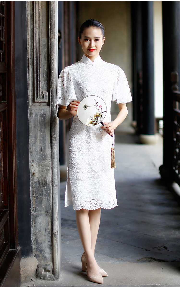 Petal sleeves white lace cheongsam dress Petal sleeves white lace cheongsam dress