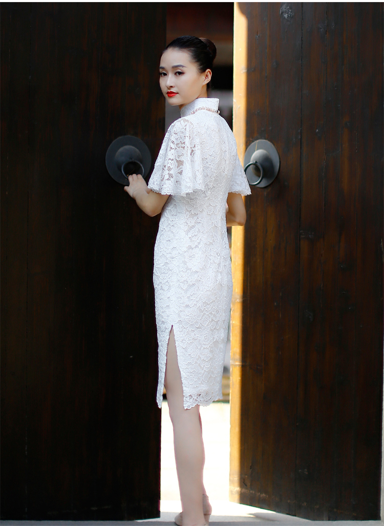 Petal sleeves white lace cheongsam dress Petal sleeves white lace cheongsam dress